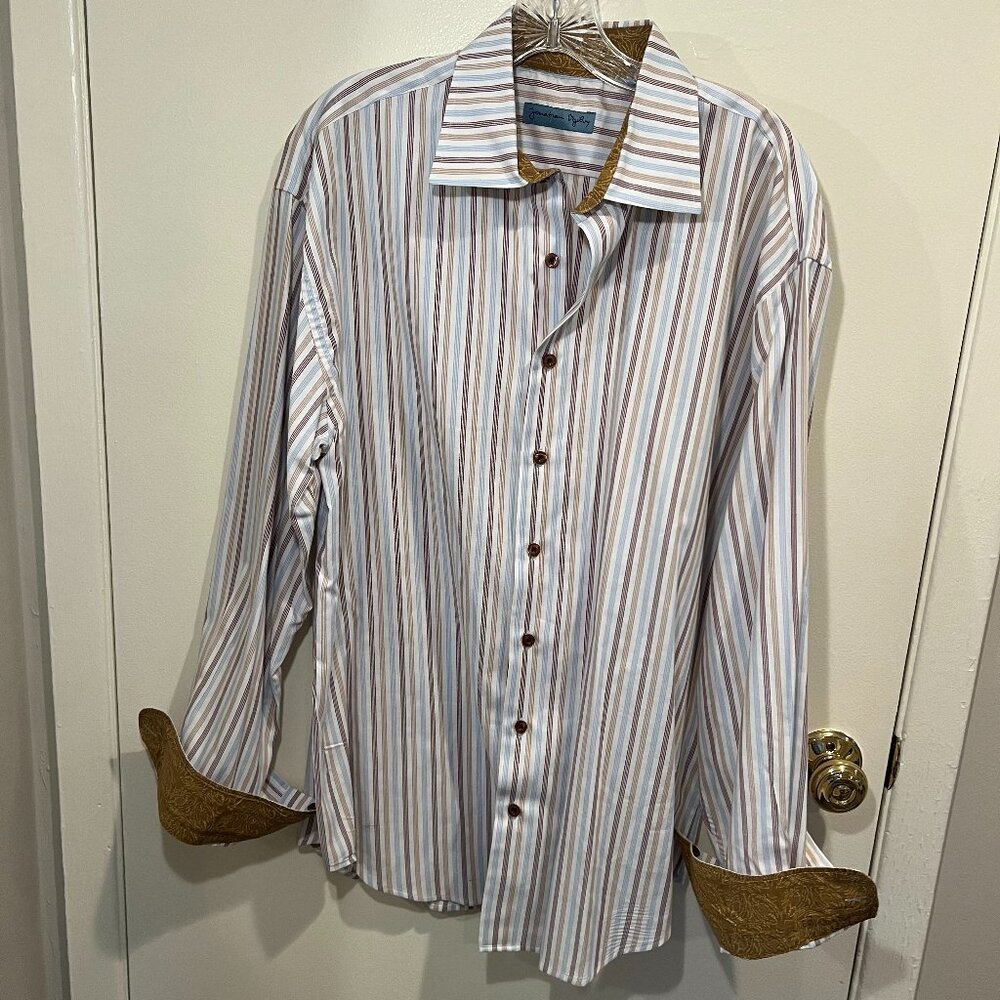 Jonathan Ogilvy Striped Button Down Cotton Dress Shirt, Size XL